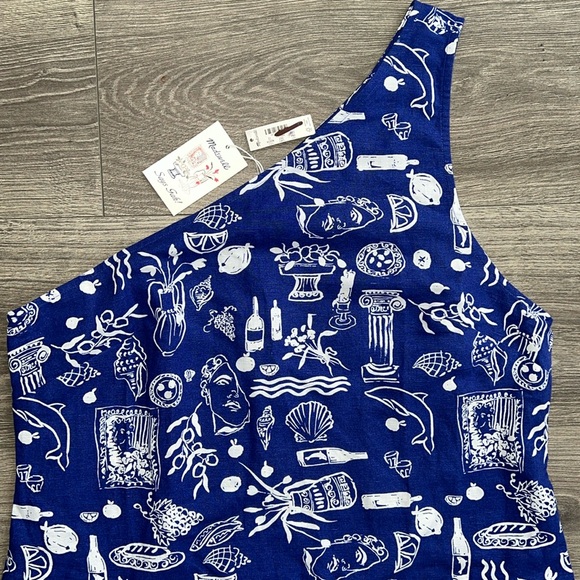 MADEWELL x Lisa Says Gah! One Shoulder Mini Dress Size 12 Linen Blue Greek Beach - Picture 7 of 12